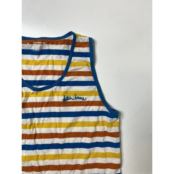 Dutch Bros Coffee Men’s Size Large Blue Yellow Orange Striped Tank Top - Picture 2 of 7